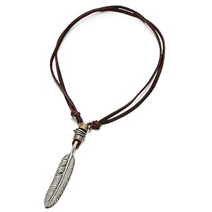 Kmrii風 Leather Stone Feather Necklace Leather Necklace with Feather Turquoise Stone Charm